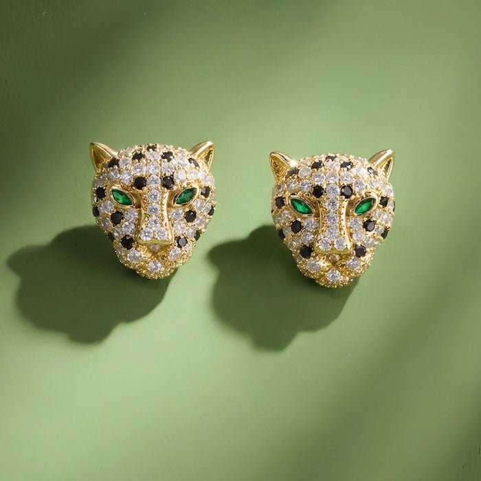 Regal Jeweled Leopard Head Stud Earrings
