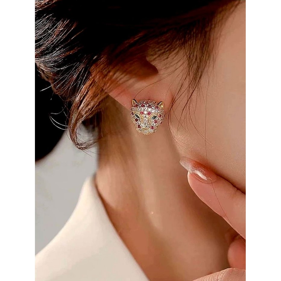 Regal Jeweled Leopard Head Stud Earrings
