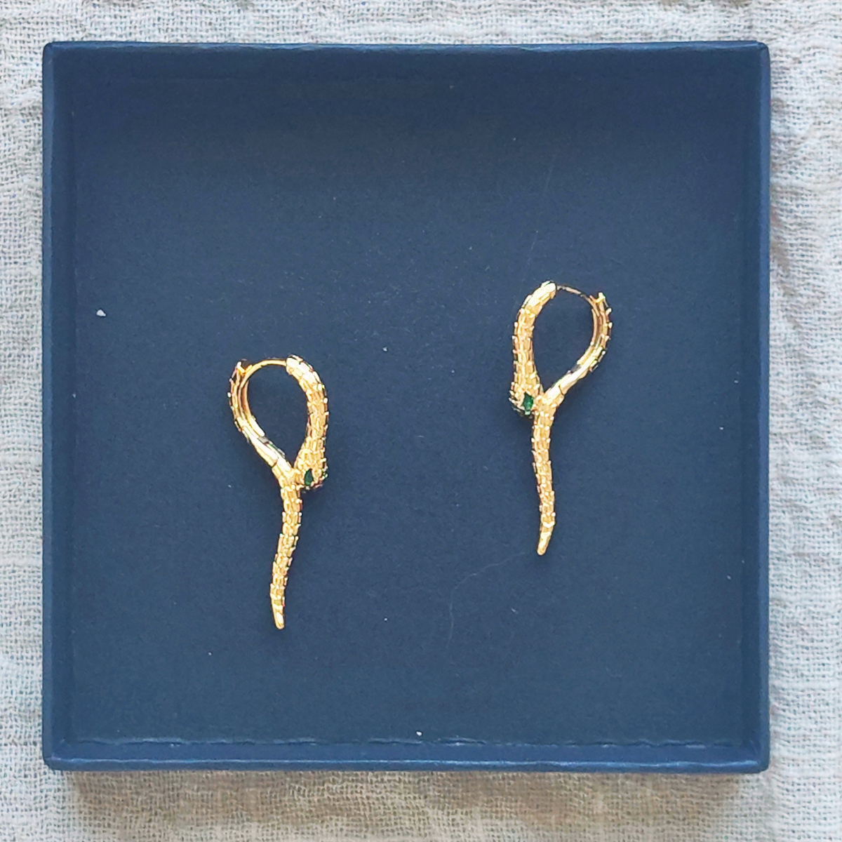 Green-eye Cobra Earrings - Gold & Silver