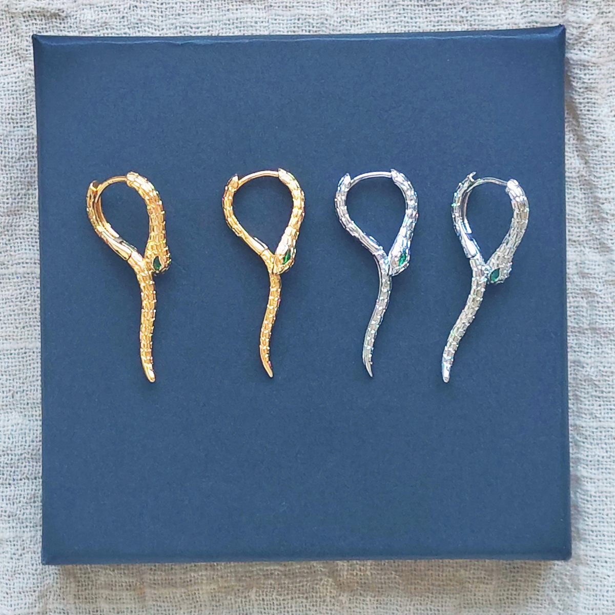 Green-eye Cobra Earrings - Gold & Silver